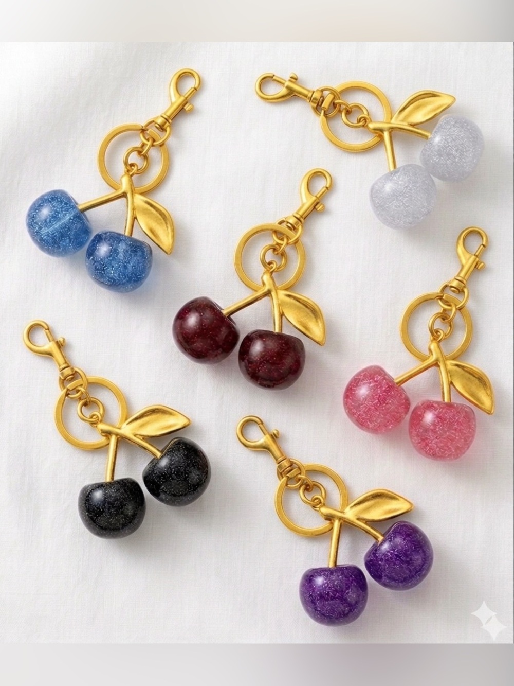 Glitter Cherry Bag Charm Keychain Resin Fruit Purse Key Ring Gold Tone Large